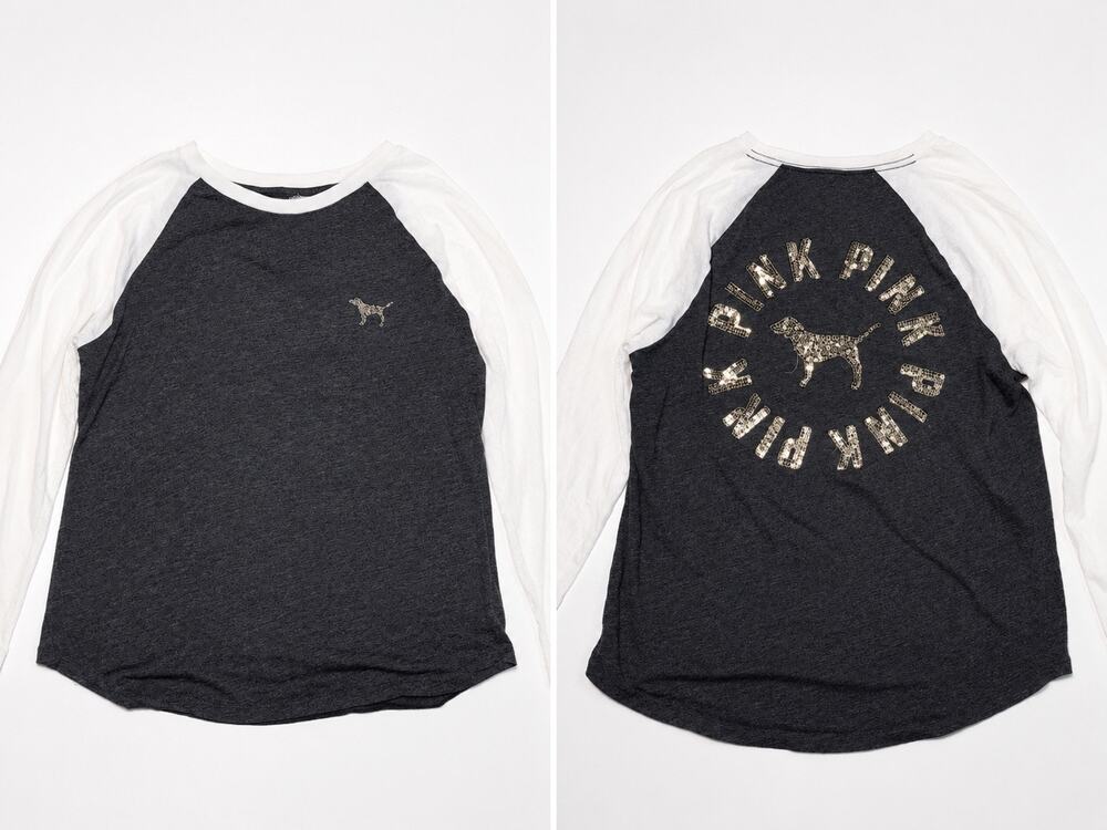 PINK Victoria’s Secret Gray White Raglan Long Sleeve Logo Tee Women’s Large